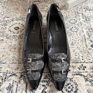 Prada Tweed Buckle Kitten Heels